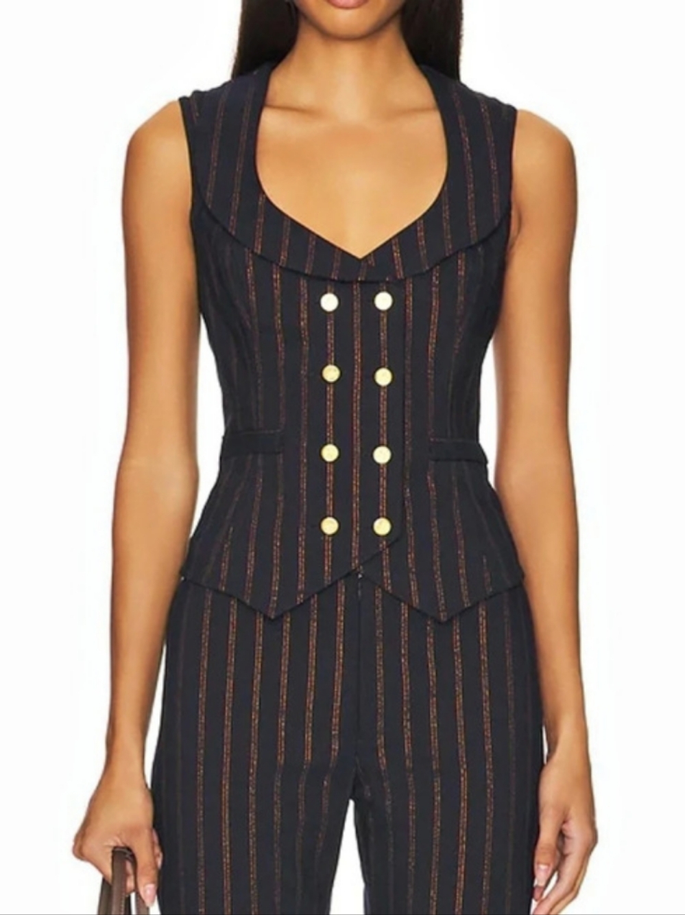 NWT Smythe Portrait Neck Vest in Navy Copper Pinstripe Small